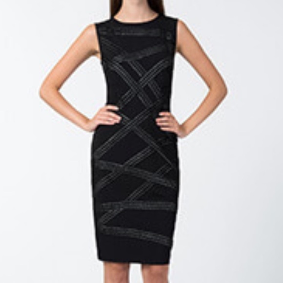 Tadashi Shoji Black and White Geometric Ribbon Cocktail Sheath Dress Size L NWT - Picture 6 of 8